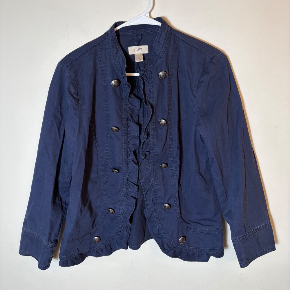 LOFT Jacket Blue Ruffle Military Style Button Front Coat Size Medium